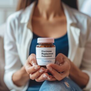 Person holding hormone replacement therapy bottle