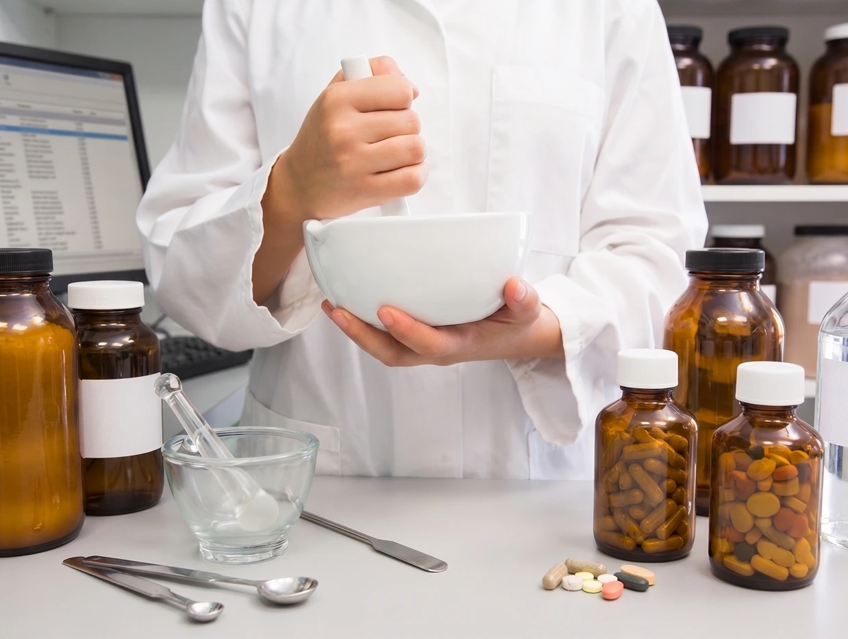 A close-up view of a pharmacist in a white lab coat using a white ceramic mortar and pestle to compound medication at your local PharmaChoice pharmacy.